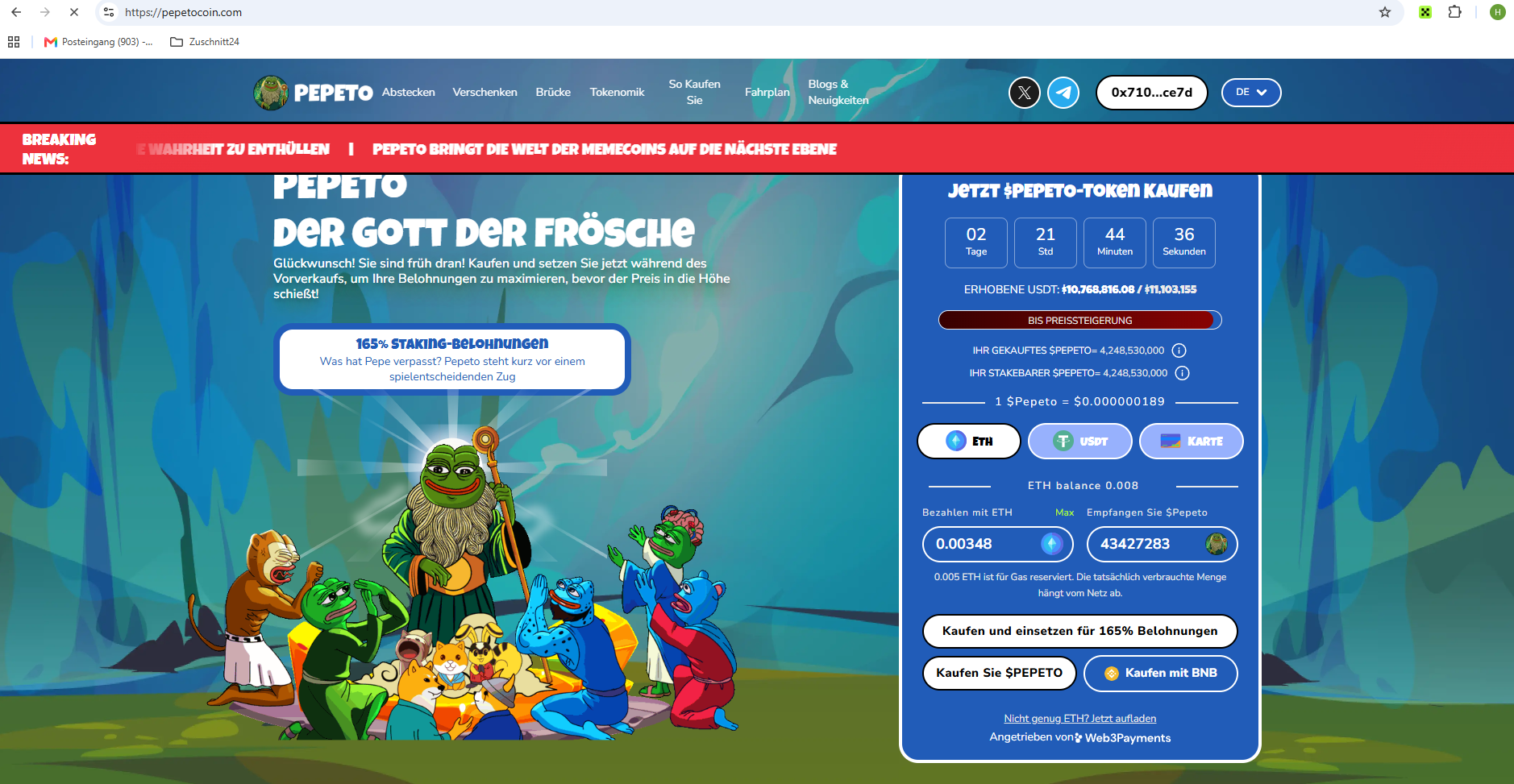 Screenshot of the Pepeto purchase page on 21 August 2026 showing the purchase widget and countdown to price increase