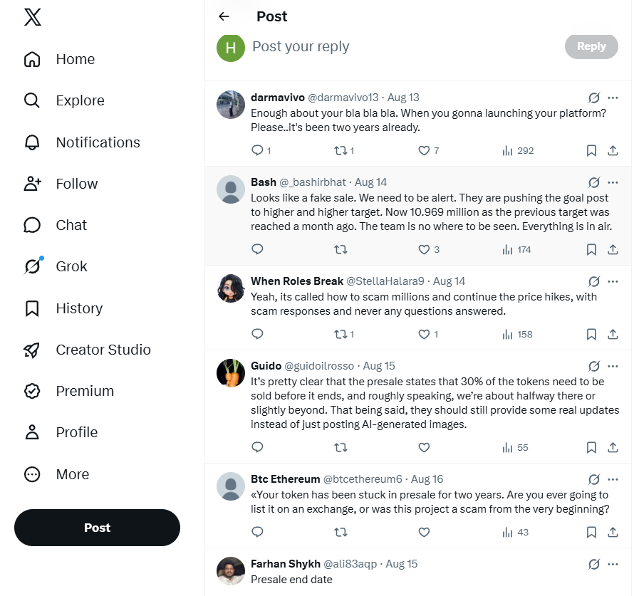 Public replies under an official Pepeto X post, 13 August 2026