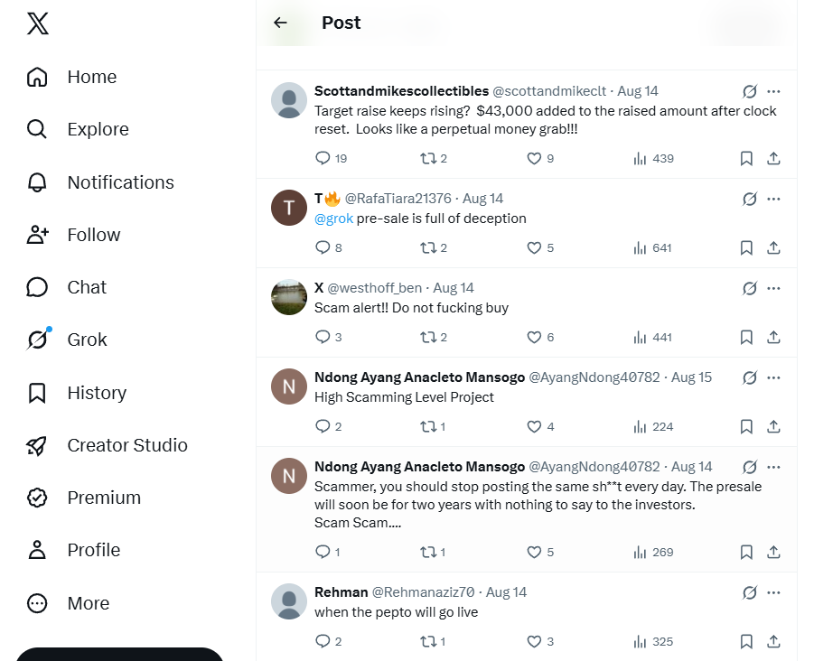 Public replies under an official Pepeto X post, 14 August 2026