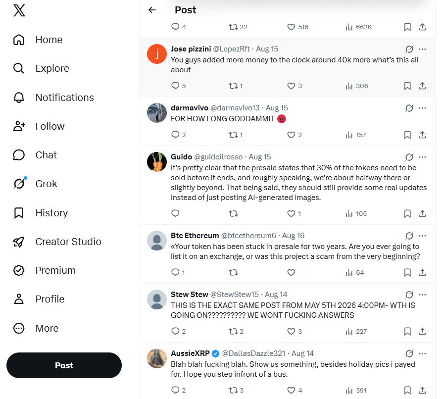 Public replies under an official Pepeto X post, 14 August 2026