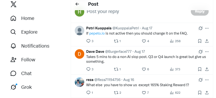 Public replies under an official Pepeto X post, archived around 16 August 2026