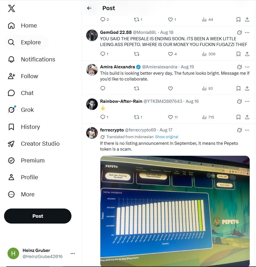 Public replies under an official Pepeto X post, archived around 16 August 2026