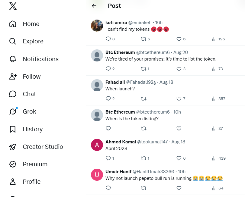 Public replies under an official Pepeto X post, archived 18 to 20 August 2026