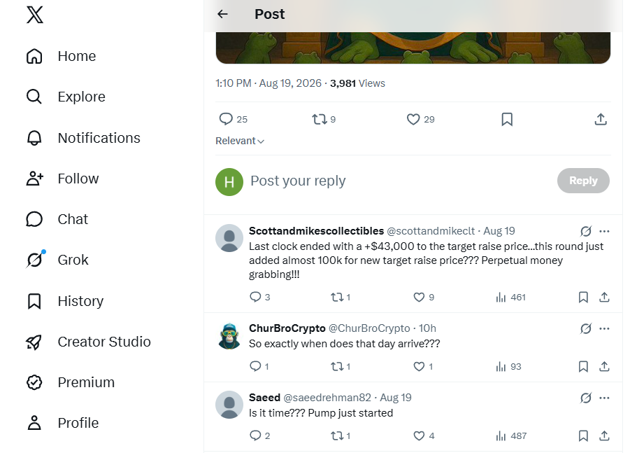 Public replies under an official Pepeto X post, 19 August 2026
