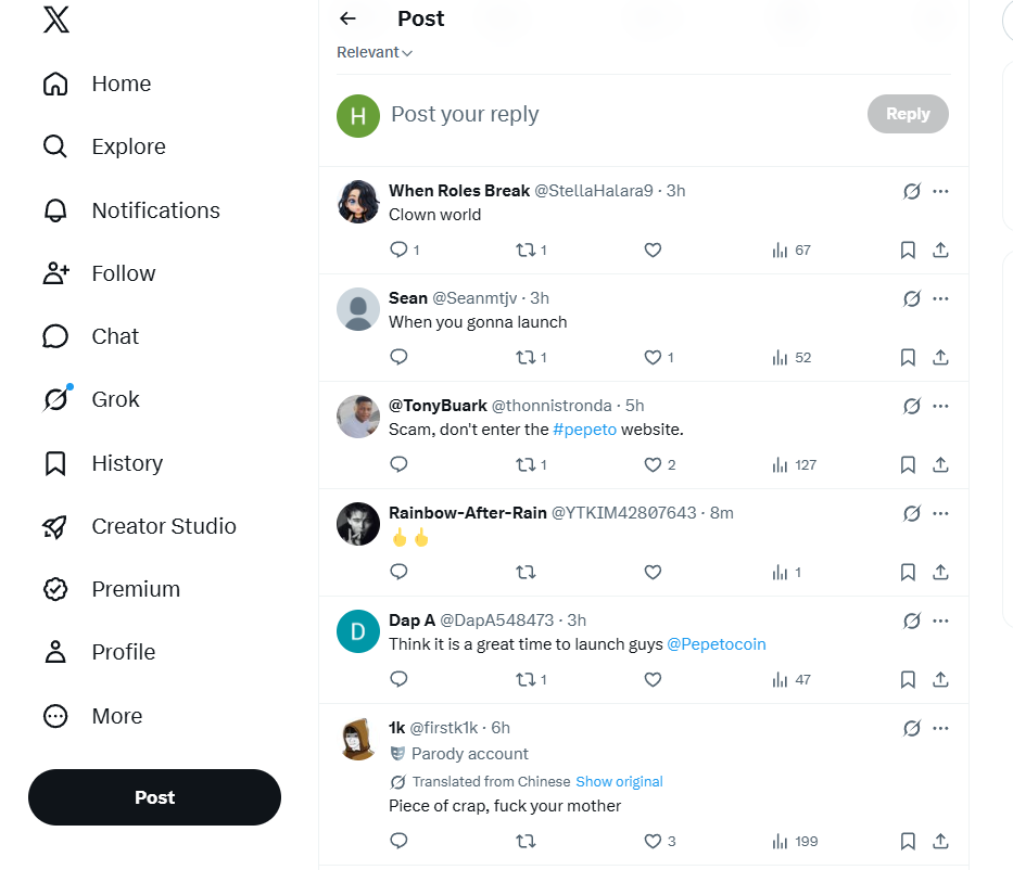 Public replies under an official Pepeto X post, archived 21 August 2026